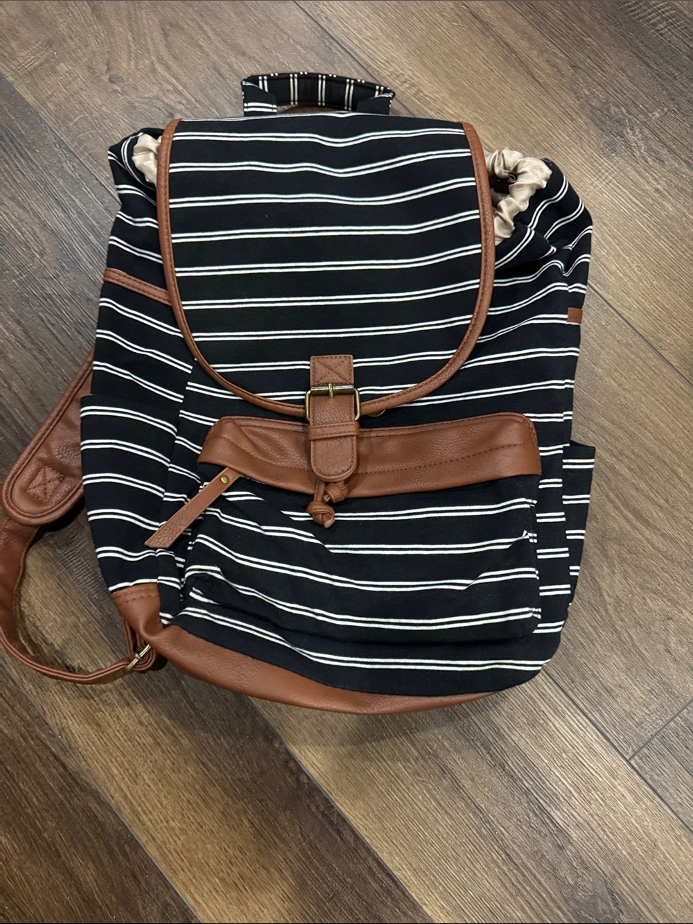 Madden Girl Navy & White Striped Backpack with Brown Trim